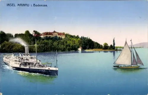 Ak Insel Mainau im Bodensee,  Bodensee, Dampfschiff, Segelboot