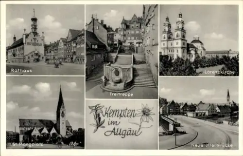 Ak Kempten im Allgäu Schwaben, Rathaus, St. Mangplatz, Freitreppe, Lorenzkirche, Neue Jllerbrücke
