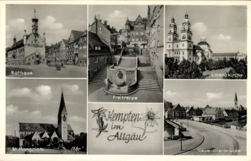 Ak Kempten im Allgäu Schwaben, Rathaus, St. Mangplatz, Freitreppe, Lorenzkirche, Neue Jllerbrücke