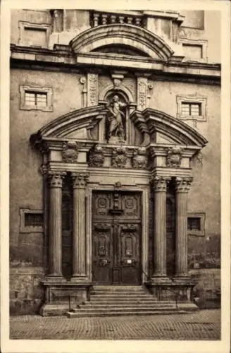 Ak Haug Würzburg am Main Unterfranken, Stift Haug, Hauptportal der Hauger Kirche,  Säulen, Statue