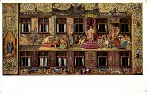 Ak Augsburg in Schwaben, Blick ins Fuggerhaus, Kaiser Maximilian I., Dr. Konrad Peutinger, Gesche