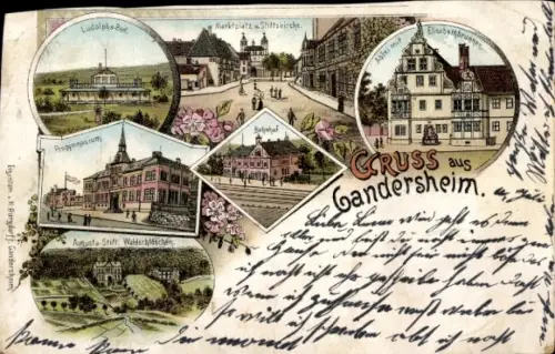 Litho Bad Gandersheim am Harz, Marktplatz, Stiftskirche, Progymnasium, Bahnhof, Waldschlösschen
