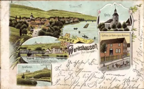 Litho Werleshausen Witzenhausen an der Werra, Gesamtansicht, Kirche, Gasthaus zur Krone, Brücke