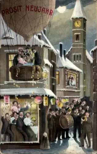 Ak Glückwunsch Neujahr, Ballon, feiernde Menschen