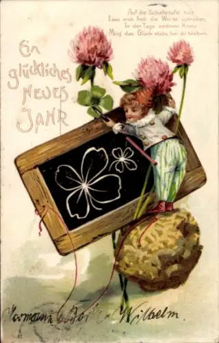 Ak Glückwunsch Neujahr, Klee, Schiefertafel