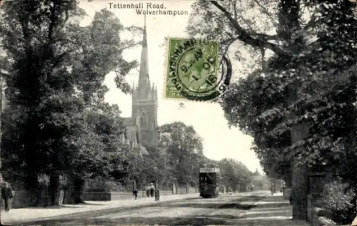 Ak Wolverhampton West Midlands England, Tettenhall Road,  Straßenansicht, Kirche, Straßenbahn