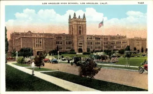Ak Los Angeles Kalifornien USA, Los Angeles High School, amerikanische Flagge, alte Autos