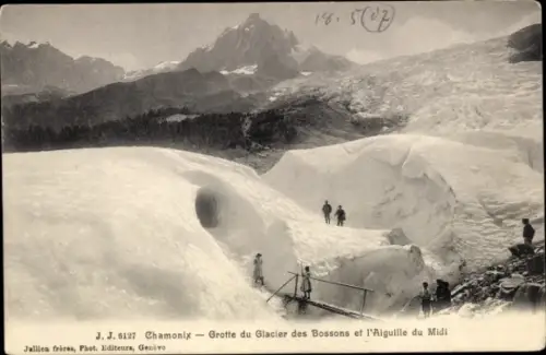 Ak Chamonix Mont Blanc Haute Savoie, Gletscherhöhle, Berglandschaft, Menschen, Aiguille du Midi