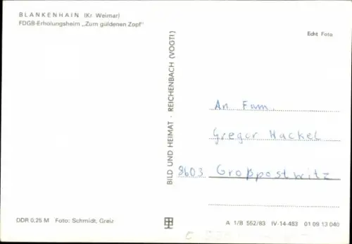 Ak Blankenhain Thüringen, FDGB-Erholungsheim Zum güldenen Zopf