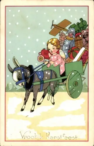 Ak Frohe Weihnachten, Eselkarre, Engel, Geschenke