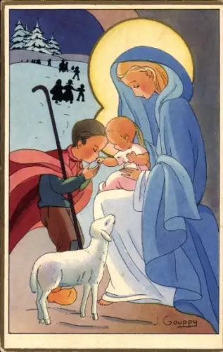 Künstler Ak Gouppy, J., Frohe Weihnachten, Maria und Jesus