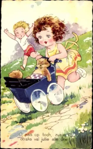 Künstler Ak Mädchen mit Teddy im Puppenwagen