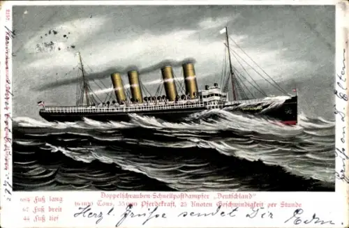 Ak HAPAG Dampfer Deutschland, Doppelschrauben Schnellpostdampfer