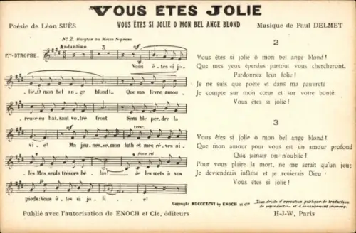 Lied CPA Vous etes Jolie, Musique de Paul Delmet