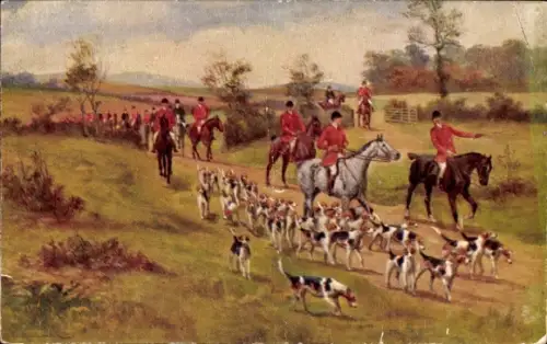 Künstler Ak Jäger zu Pferde, Jagdhunde, Jagd, Wiese