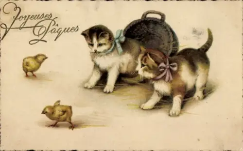 Ak Glückwunsch Ostern, Katzen, Korb, Küken