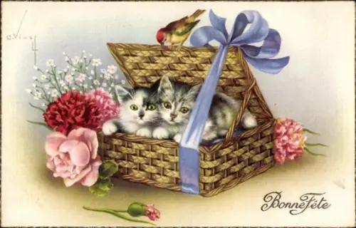Künstler Ak Glückwunsch, Zwei Katzen, Truhe, Blumen