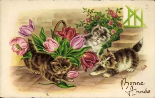 Künstler Ak Glückwunsch, Verspielte Katzen, Blumen im Korb