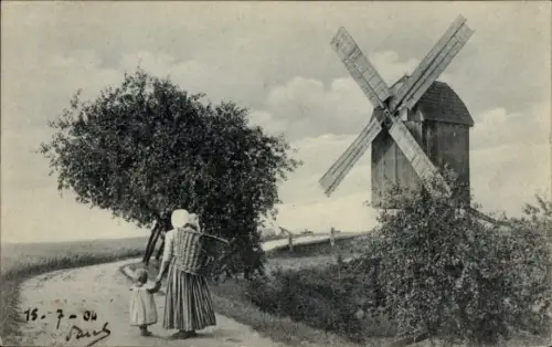 Ak Windmühle, Feldweg, Bäuerin mit Kind