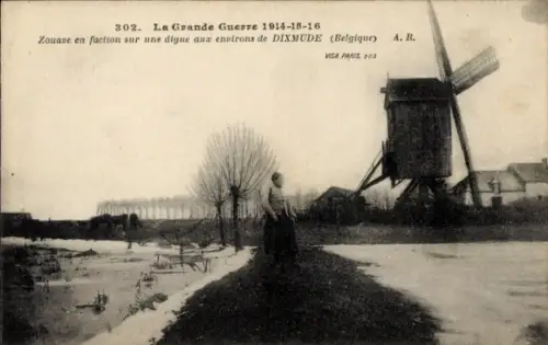 CPA Dixmude Dixmude Flandre occidentale, Zouave en faction sur une digue, Windmühle
