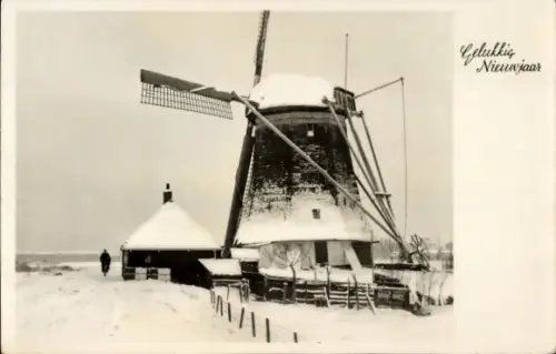 Ak Glückwunsch Neujahr, Windmühle, Winterszene
