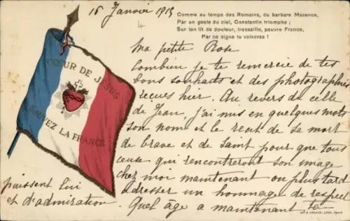 Litho Coeur de Jesus, Sauvez la France, Französische Fahne, Propaganda