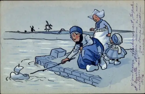 Künstler Ak Niederländische Trachten, Spielzeugboot, Windmühle, Munk 752