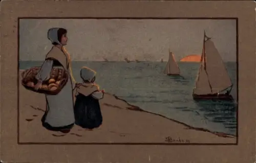Künstler Ak Barham, S., Frau und Kind am Ufer, Segelboote, Korb