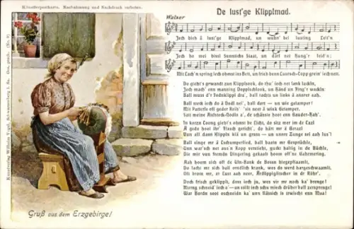 Ak Erzgebirge, Klöpplerin bei der Arbeit, Volkstracht