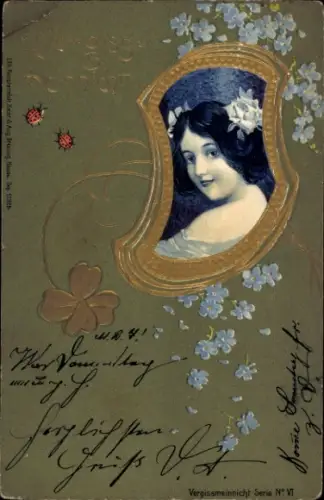 Präge Ak Vergissmeinnicht, Portrait einer Frau, Kleeblatt, Marienkäfer 