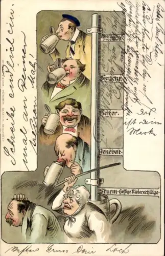Litho Betrunkene Männer, Bierkrug, Skala, Humor