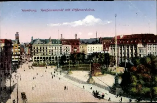 Ak Hamburg Mitte Altstadt,  Rathausmarkt, Affterarkaden, Menschen, Statuen