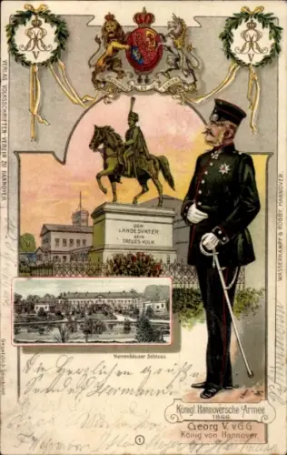 Litho Hannover, König Georg V., Herrenhäuser Schloss, Denkmal, Königl. Hannoversche Armee 1866