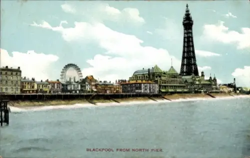 Ak Blackpool Lancashire England, Schwarzer Turm, Riesenrad, Küstenansicht, Blackpool