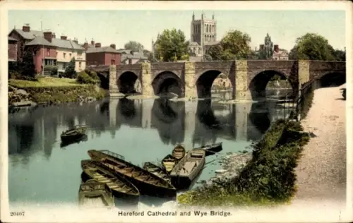 Ak Hereford West Midlands England, Kathedrale, Wye-Brücke