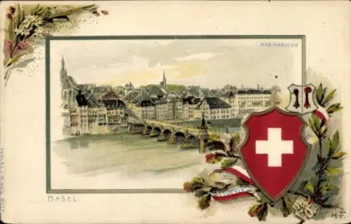 Präge Wappen Passepartout Litho Basel Stadt Schweiz, Rheinbrücke