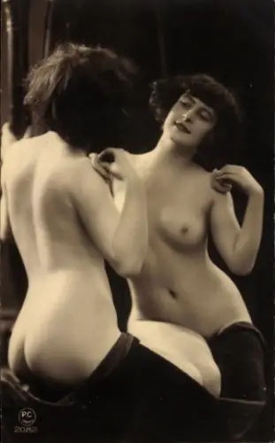 Ak Nackte Frau, Frauenakt, Busen, Erotik, Spiegelbild