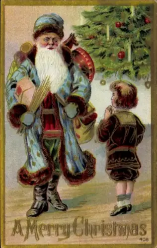 Präge Ak Glückwunsch Weihnachten, Weihnachtsmann, Kind, Tannenbaum