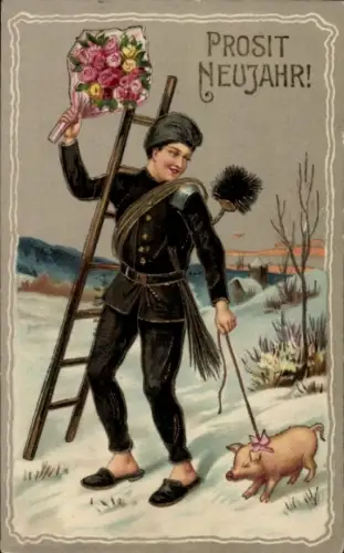 Präge Ak Glückwunsch Neujahr, Schornsteinfeger, Schwein