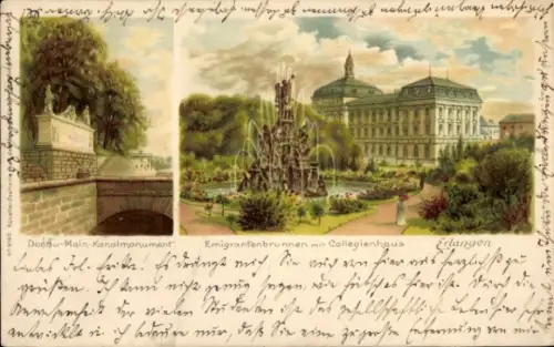Litho Erlangen in Mittelfranken Bayern, Donau-Main-Kanalmonument, Emigrantenbrunnen, Collegienhaus