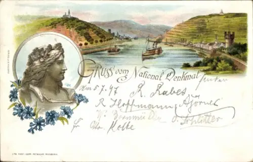 Litho Rüdesheim am Rhein, Niederwald Nationaldenkmal, Rheinpanorama, Burg