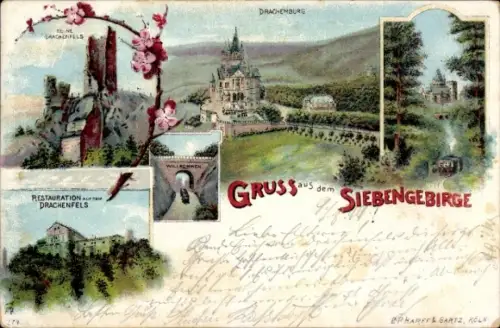 Litho Königswinter am Rhein, Drachenfels, Drachenburg, Restaurant, Siebengebirge
