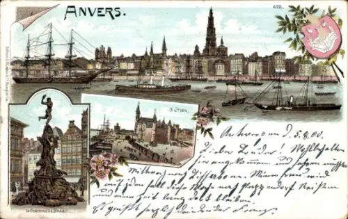 Litho Anvers Antwerpen Flandern, Le Steen, Fontaine, Teilansicht, Segelschiff