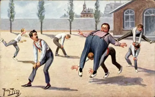 Künstler Ak Thiele, Arthur, Turner beim Bockspringen, Humor, Dicker Turner