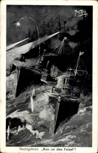 Künstler Ak Thiele, Arthur, Deutsche Kriegsschiffe, Ran an den Feind, Nachtgefecht