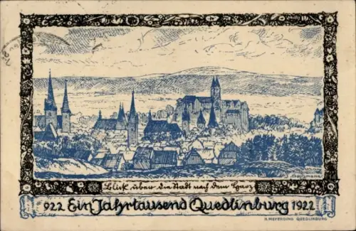 Künstler Ak Spitzmann, Quedlinburg im Harz, Totalansicht, Tausendjahrfeier 1922