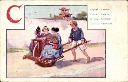 Künstler Ak China, Mann fährt zwei Frauen in Trachten mit einer Rikscha