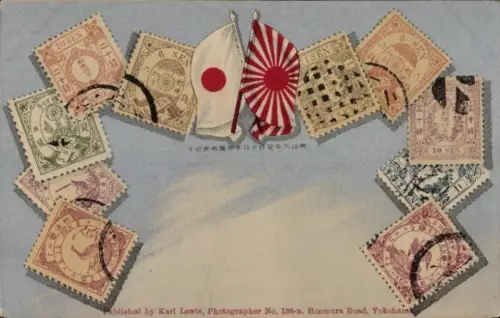 Briefmarken Ak Japan, Fahnen