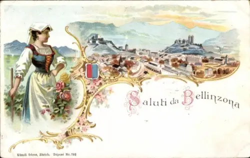 Ak Bellinzona Kanton Tessin, Gesamtansicht, Frau in Tracht