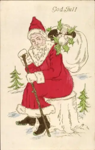 Präge Ak Glückwunsch Weihnachten, Weihnachtsmann, Sack, Stechpalme